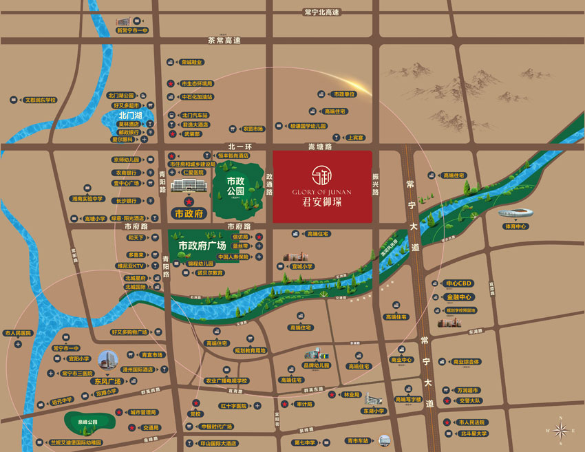 常宁市君安御璟位于常宁市北一环嵩塘路,咨询电话4000-736-088转1985,项目总占地面积78165.9㎡,总建筑面积245626.4㎡,规划约3万㎡中心景观园林,有关常宁君安御璟房价,位置,户型图及相关评价等详情尽在好房汇