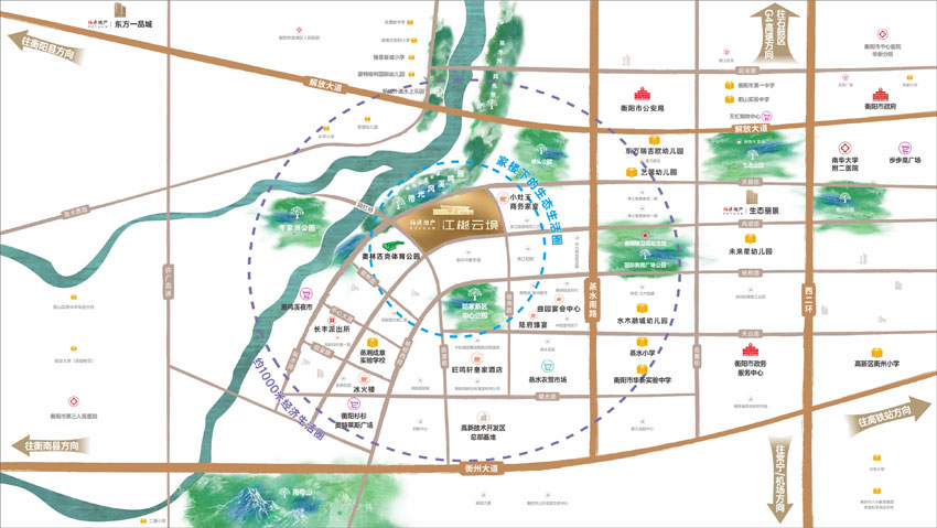 衡阳江樾云境位于衡阳市华新陆家新区临水路3号雁鸣溪网红桥旁,项目由14栋住宅+1栋会所组成,占地面积55863.7㎡,建筑面积185789.88㎡,开发商是衡阳福源房地产投资开发有限公司