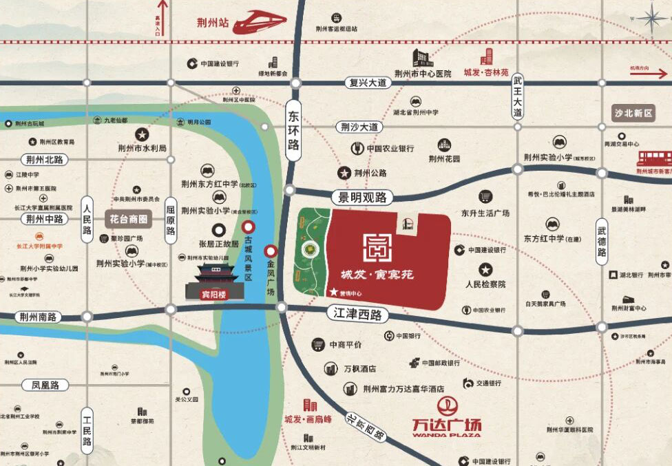 荆州城发寅宾苑位于荆州市荆州区东环路与江津路交汇处,项目用地分为商业和住宅两个地块,西侧临东环路为商业地块,东侧为住宅地块,住宅共计13栋洋房,开发商:湖北省荆房投资开发有限公司