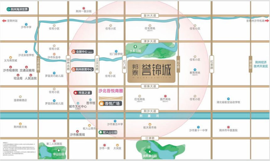 荆州邦泰誉锦城位于荆州沙市区红门北路与明珠大道交汇处,项目分两期开发,二期占地面积约5.31万㎡,容积率约2.8,绿地率约35%,开发商:荆州邦成和泰置业有限公司