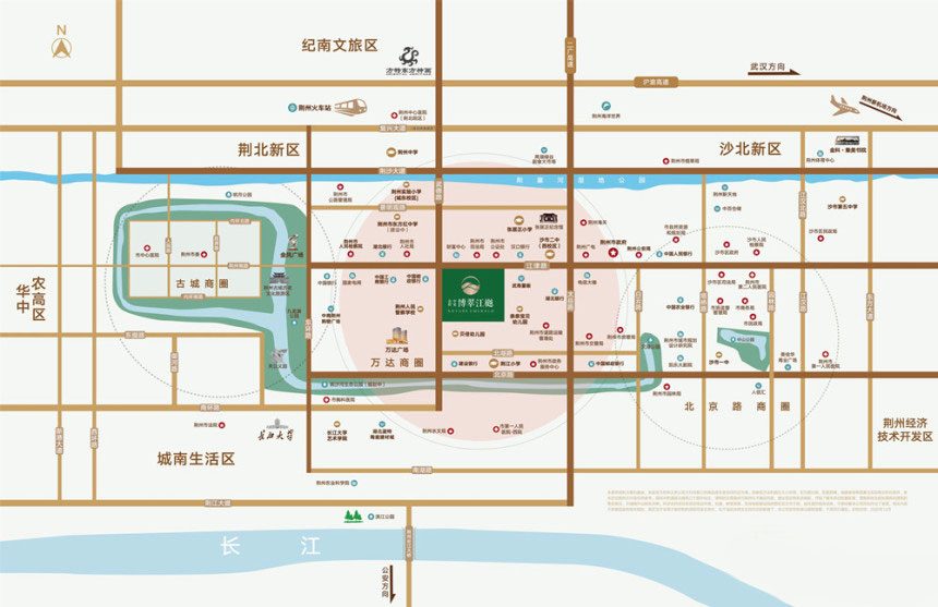 荆州金科中梁博翠江樾位于沙市区江津路与武德路交汇处(万达旁),项目占地面积44214㎡,建筑面积148782㎡,容积率3.5,绿化率30%,开发商是荆州祥锦置业有限公司