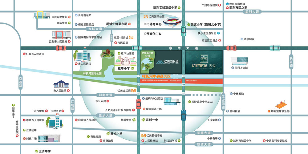 监利忆美当代城天玺位于监利市荆江路与林长河北路交汇处,天玺是忆美当代城二期项目,当代城占地面积约230亩,建筑面积约53万方,容积率2.8,开发商是监利原绿忆美置业有限公司