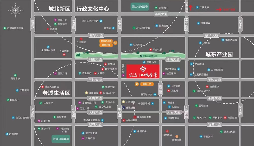 监利信达江城壹景位于监利玉沙大道城市广场东侧(监利一中旁),项目对望监利一中,西邻城市广场,占地面积57616㎡,绿化率约30%,容积率约2.29,开发商是湖北信达房地产开发有限公司