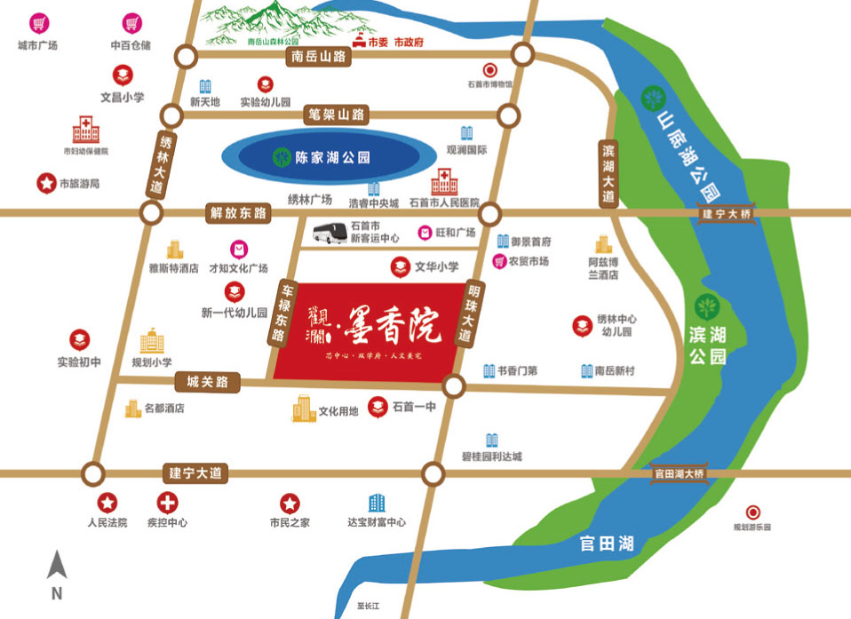 石首市观澜墨香院楼盘位于石首市明珠大道西侧新一中旁,项目占地面积42975.11㎡,建筑面积115646.52㎡,容积率2.5,绿化率31%,规划户数781户,开发商是湖北瑞达置业有限公司