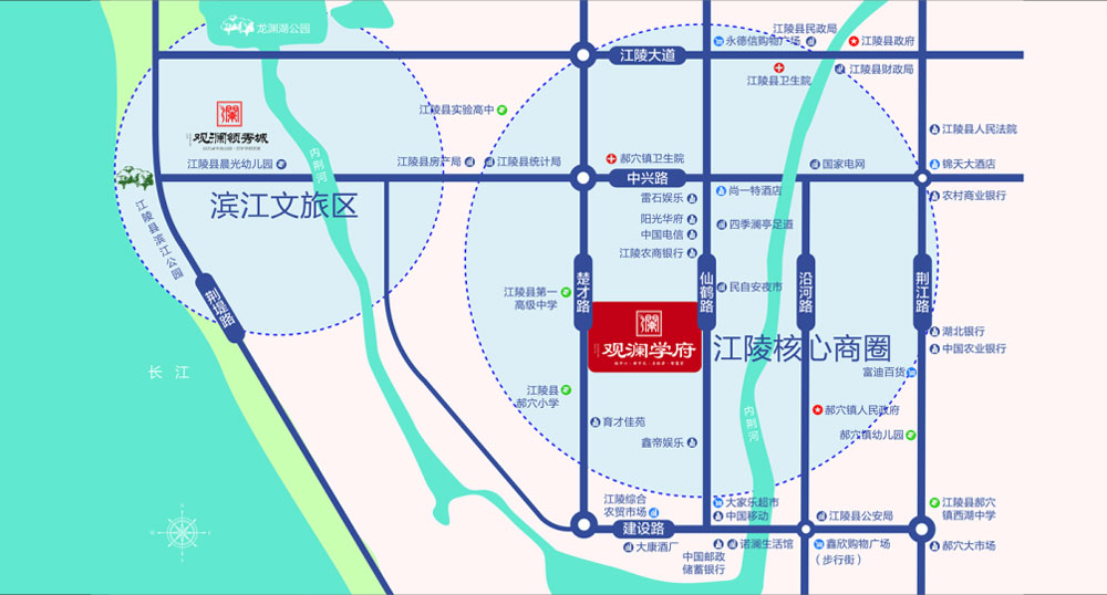 江陵县观澜学府位于江陵县仙鹤路(民自安斜对面),项目占地面积27579㎡,项目总建筑面积74266㎡,其中住宅共由二栋17层小高层与四栋26层高层建筑采用围合式布局组成,住宅总户数482户,容积率2.5。